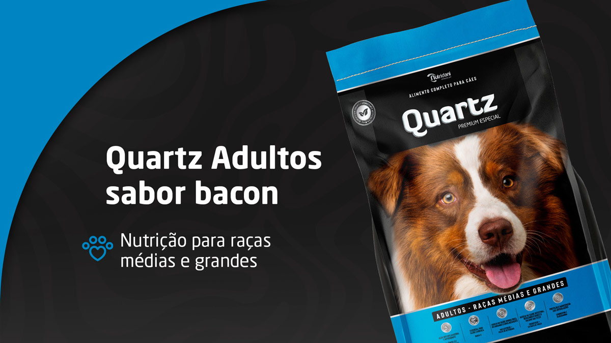 Conheça Quartz Adultos Raças Médias e Grandes sabor bacon: nutrição equilibrada, saúde articular e sabor irresistível para o dia a dia do seu cão.